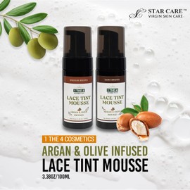 STAR CARE 1 THE 4 Cosmetics Argan & Olive Infused Lace Tint Mousse 3.38oz/ 100ml Concealer Tinted Mousse for Lace Wigs Hair Wigs Perfect Match Your Skin Tone (Dark Brown)