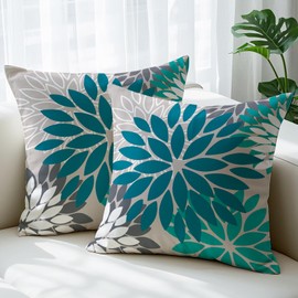 JANGYUHH Set of 2 Cushion Covers, 45 x 45 cm, Modern Flowers, Decorative Cushions, Double-Sided Pattern, Blue / White Dahlia Sofa Cushion, Outdoor Cushion, Linen Decorative Cushion Covers for Sofa