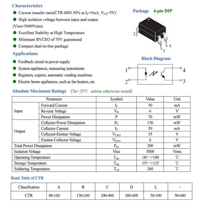 ALLECIN PC817 PC817C Transistor Output Optocoupler DIP-4 2.54mm Pitch for