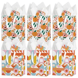 Thanksgiving Beautiful Gift Bags Set of 6 - Medium Sized 9" Bright Abstract Bags with Handles incl. Matching Tissue Paper, Cards with tangerine - Reusable & For Presents of Any Birthday, Weddings，