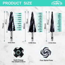 LEKOMESH Cobalt Step Drill Bit Set - 3pcs 1/4"-3/4" 1/8"-1/2" 3/16"-7/8" Four Spiral Flute Step Drill Bit M35 with Impact Ready Unibit for Stainless Steel Metal Aluminium Copper Wood Plastic