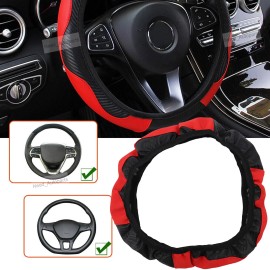 Bumper_Carparts Car Steering Wheel Cover Red Black Leather Anti-slip For 15"/38cm Carbon Fiber