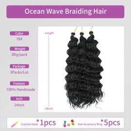 Ocean Wave Crochet Hair 24 Inch 3 Packs Ocean Wave Braiding Hair Deep Wave Crochet Braiding Hair Curly Crochet Braids Hair Extension for Women (1B#, 24 Inch 3 Packs)