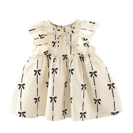 Baby Girl Summer New Dress Black Bow Print Fly Sleeve Round Neck Girl Princess Dress Queue Dress (Beige,12 Months)