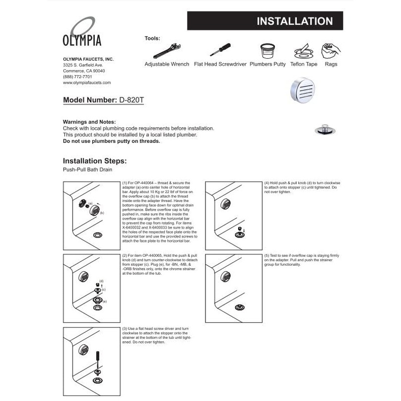 Olympia D-820T-MB Overflow and Waste Drain Trim Kit Matte Black