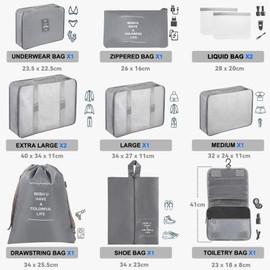 WECUTE Suitcase Organiser Set, 11-Piece Packing Cubes Set, Waterproof Travel Clothes Bags, Suitcase Organiser for Holidays and Travel, Packing Cube Set, Travel Cube (Grey)