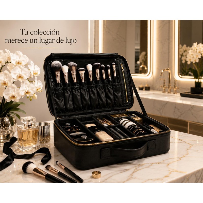 Organizador de Maquillaje Large con Divisores Ajustables, Compartimento para Brochas,