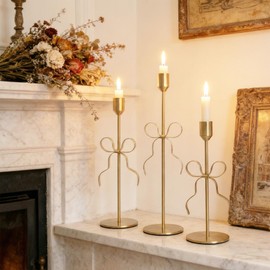 Bow Candle Holder - Bow Candlestick Holder Set of 3 Metal Gold, Modern Decorative Taper Candle Holder for Centerpiece Wedding Dining Table Holiday Housewarming Gift (Gold)