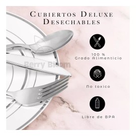 Berry Bloom Set de 150 Cubiertos de Plástico Premium 50 tenedores, 50 cuchillos y 50 cucharas Elegantes, Perfectos para Cumpleaños, Banquetes, Catering, Reuniones, Fiesta, Bodas (Plata)