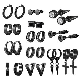 OIDEA Men's Women's Earrings Set: Hoop Earrings Magnetic Earrings Stainless Steel in Gold Black Silver Round Cross Pendant Stud Earrings Punk Rock Fake Ear Clip Earrings Gift for Unisex, Stainless