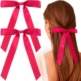 YALOJE 2pcs Large Bows Hair Clip, Long Tail Double Layer Hair Bow Alligator Clip, Non-Slip Satin Ribbon Bowknot Hair Barrettes for Women Daily, Weddings, Parties - Dark Pink