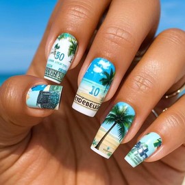 Summer Press on Nails Medium Square Fake Nails with Green Coconut Tree Design Glossy Glue on Nails Blue Sky White Clouds False Nails Acrylic Full Cover Stick on Nails for Women 24Pcs