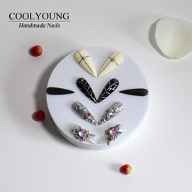 COOLYOUNG Black Stiletto Press On Nails, Limerence, Black and White Nails, 3D Nails, Acrylic Nails Press On, 10 Pieces False Nails with 1 Girl Gift Box, 1 Storage Bag and Gel Nail Kit