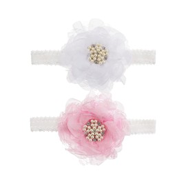 Nishine 2pack Newborn Elactic Lace Crwon Headband Toddler Girls Fabric Flower Pearl Hairband for Baby Shower Birthday Gift (White/Pink)