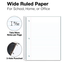 Dunwell 1 Subject Spiral Notebook, Blue Plastic Cover, 100 Sheets (200 Pages) 8x10.5 Paper, Wide Ruled Composition Notebooks with Poly Pocket Dividers, 3-Hole Punch Perforated Pages