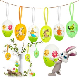 Plastic Easter Eggs, Pack of 12 Decorative Eggs for Easter, Easter Eggs for Hanging, Colourful Plastic Eggs, Craft Plastic Eggs, Easter Eggs for Painting with Ribbon