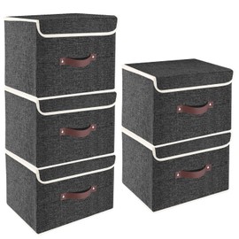 TYEERS Foldable Storage Boxes with Lids 5 Pack Fabric Storage Bins with Lids, Closet Organizers for Clothes Storage, Room Organization, Office Storage, Toys - Black