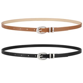 WERFORU 2 Pack Women's Skinny Belt Women's Thin Leather Belt with Gold/Silver Buckles for Jeans Dresses, Black and brown (silver buckle)