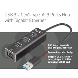 Club 3D CSV-1430A USB 3.2 Gen1 Type-A, 3 Ports Hub with Gigabit Ethernet
