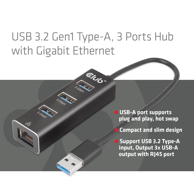 Club 3D CSV-1430A USB 3.2 Gen1 Type-A, 3 Ports Hub