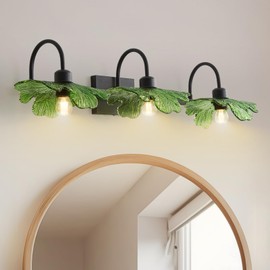 35in Handcraft Green Glass Vintage Bathroom Vanity Light Fixtures, 3-Light Flower Wall Sconce Vanity Light Over Mirror, Black Mid Century Medieval Wall Lamp for Bathroom, Living Room, Bedroom