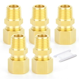 GASHER 5PCS Brass Compression Tube Pipe Fitting Connector, Straight Coupling Adapter 1/2" Tube OD x 3/8" NPT Male Connector