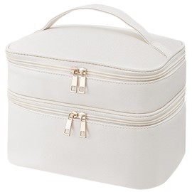 Onilife Double Layer Travel Makeup Bag, Portable Cute Cosmetic Bag Large Make Up Organizer Case Toiletry Bag for Women Girls with Handle and Removable Divider, Beige