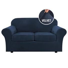 H.VERSAILTEX Real Velvet Plush 3 Piece Stretch Sofa Covers Couch Covers for 2 Cushion Couch Loveseat Covers Width Up to 72 Inch Feature Thick Soft Stay in Place (Medium Sofa, Navy)