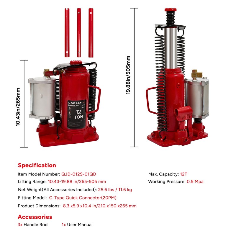 Air Hydraulic Bottle Jack, 12 Ton (26455) lbs Hydraulic Bottle