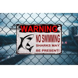 Sharks May Be Present Shark Warning Sign No Swimming Sign Beach Vintage Style Metal Sign for Door Name Plate Plaque Home Patio Garden Bar Farm House Garage Wall Decor Tin Sign 12 X 8 Inch