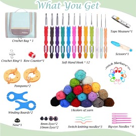 Knitiss Crochet Kits with Case, Beginner Crochet Set Includes 18 Yarn Skeins & 12 Ergonomic Crochet Hooks