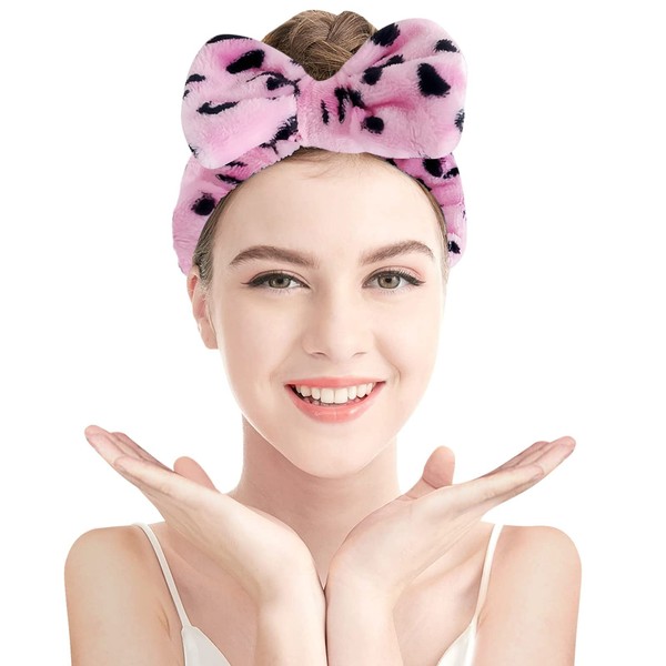 Ellipse Headband Hydrotherapy Headband 1 Piece Bow Hair Band Women's Face Makeup Headband Soft Coral Velvet Headband for Shower Face Washing (Hot Pink, One Size)