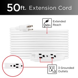 UltraPro 50 Ft Extension Cord, 3-Outlet Power Strip, Double Insulated, Grounded, Heavy Duty, 16 Gauge, General Purpose, UL Listed, White, 50817