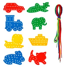Tabanzhe Threading Board 8PCS Threading Board Set DIY Stringing Game Cards with Animals and Transport Shapes Early Learning Lacing Games for Kids Boys Girls
