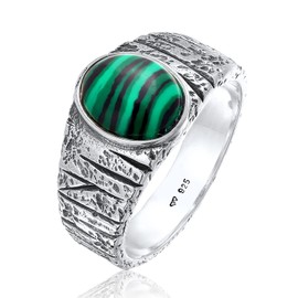 Kuzzoi 0607171522 Men's Oval Signet Ring with Malachite Gemstone Solid (10 mm) in 925 Sterling Silver, Silver Ring Textured Black Oxidised, Ring Size 60 - 66, Malachite