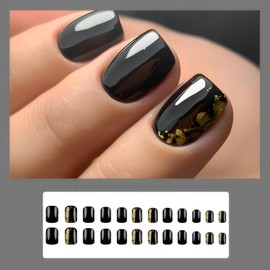 Rchovsam Dark Black Press on Nails Short Sqaure Nails Press on Glod Glitter Design Fake Nails Full Cover Gel Nails Gift for Womens 24pcs