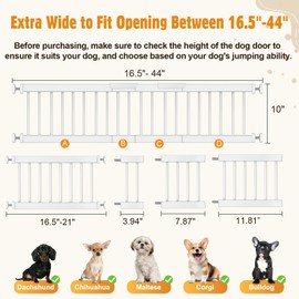 Metal Short Dog Gate - 16.5"-44" Adjustable Extra Wide, 10" Tall Pressure Mount Indoor Pet Gate, Easily Step Over Dog Gates with 3 Extension Kits, Small Puppy Gate for Doorways & Stairs