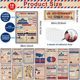 Wiooffen 15Pcs US Government Posters Us History Civics Poster Set Social Studies Bulletin Board Government Structure Educational Posters Classroom Decorations for Teachers Middle High School Decor