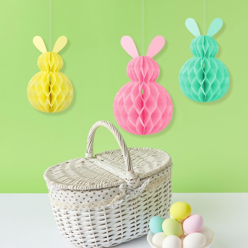 6PCS Bunny Rabbit Easter Hanging Decorations Cute Honeycomb Shape Ball