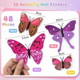 SamHeng 48 Pieces 3D Butterfly Wall Stickers, 4-Sizes Wall Art Butterflies Stickers Room Decorations for Home Bedroom, DIY Magnetic Butterflies Crafts Removable Butterfly Wall Decals (Purplish Red)