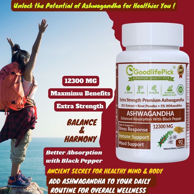 Powerful Ashwagandha 12300mg & 5% Withanolides Black Pepper 90 cap