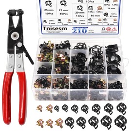 Tnisesm 210Pcs 6-25mm Spring Band Hose Clamps Assortment kits with Swivel Flat Hose Clamp Plier, Spring Band Type Fuel Line Silicone Vacuum Hose Steel Clamp,Low Pressure Air Clip Clamp