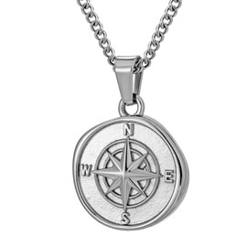 murtoo Compass Necklace with 2 Round Hoop for Men and Women, Silver Octagram Star Carved Compass Pendant with Curb Chain Unique Gifts for Men, 20 inch Silver
