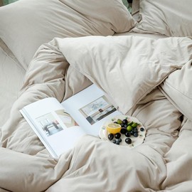 Comfortable & Soft 3 Piece Gentle Breathable Texture Cotton Duvet Cover King Size Solid Hued Tidy Design | All Seasons Fall Bedding Tan Beige Color Zipper Closure Warm Plush Cozy Luxury