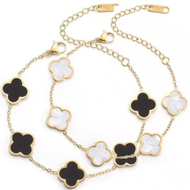 Lucky Four Leaf Clover Bracelet for Women Charm Bracelet Stackable for Women - 18K Gold Plated Dainty Jewelry, Black+White