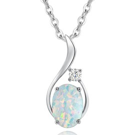 FANCIME Opal Necklace 14K Solid White Gold Oval Pendant with Diamond October Birthstone Necklace Jewelry Gifts for Her Mom Women