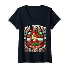 Womens Jack Russell Terrier Oh Deer Christmas Dog Santa Claus Elf V-Neck T-Shirt