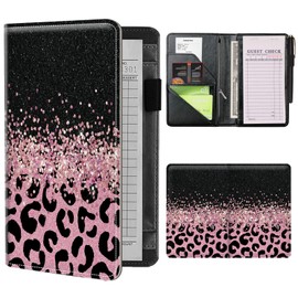 Server Books for Waitress Waiter with Zipper Pocket, Pink Glitter Leopard Leather Server Pads Waitstaff Organizer Guest Check Presenters Server Wallet Money Holder Pouch Fit Apron