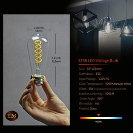 Kiraralite ST19(ST58) LED Edison Bulb, Vintage,12 Pack,Natural White 4000K, Antique Flexible Spiral LED Filament Light Bulb, Dimmable, 600LM, 6W Equivalent to 60W, E26 Base,Clear Glass