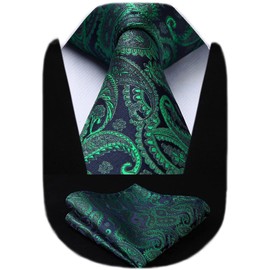 Hisdern Paisley Tie Handkerchief, Extra Long Floral Men's Tie & Pocket Square Set - Green & Navy Blue 2